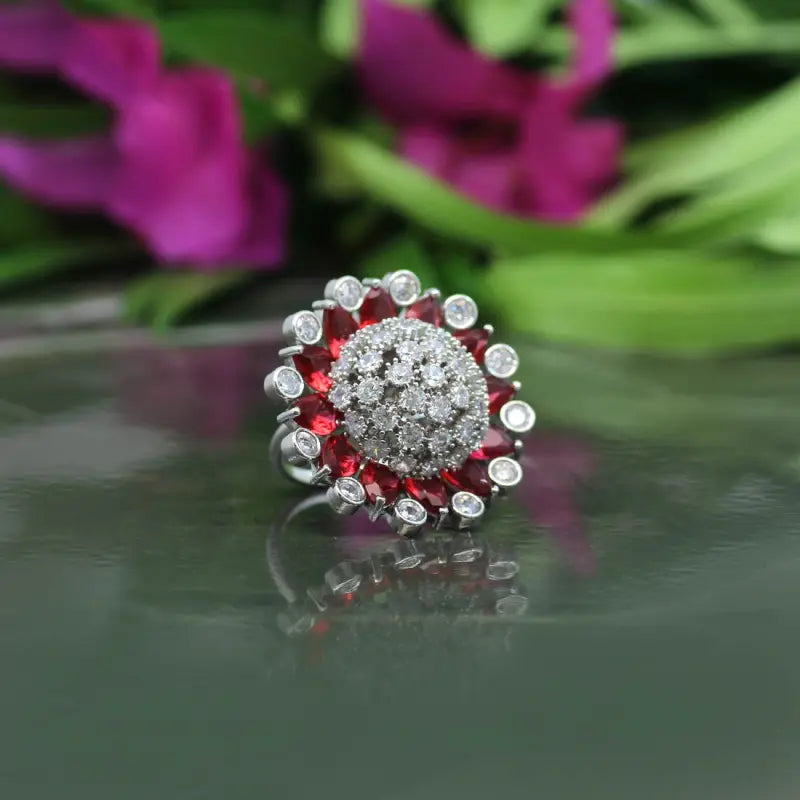 Handcrafted Ethnic Rani Ring with Precious Stones and Crystals-Ring