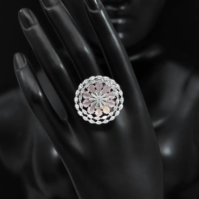 Handcrafted Ethnic Pink Ring with Precious and Semi-Precious Stones-Ring