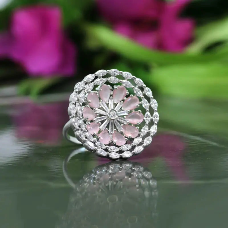 Handcrafted Ethnic Pink Ring with Precious and Semi-Precious Stones-Ring