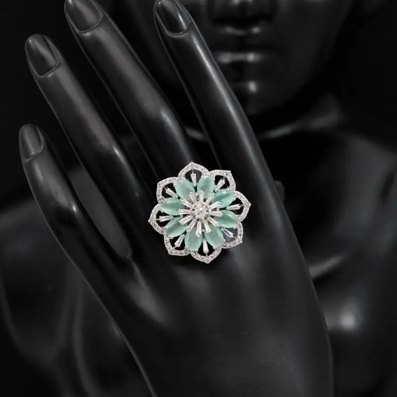 Handcrafted Ethnic Teal Ring with Precious and Semi-Precious Stones-Ring