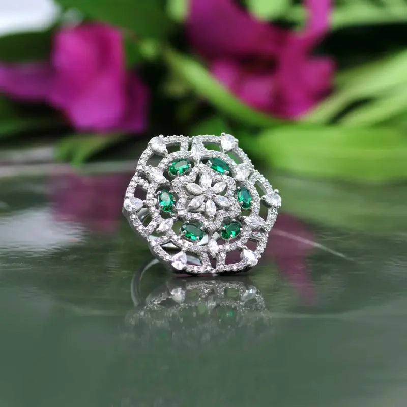 Exquisite Handcrafted Green Ring with Precious and Semi-Precious Stones-Ring