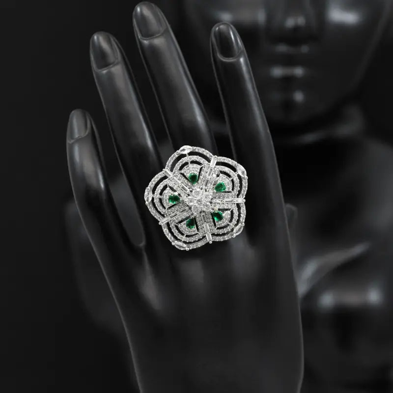 Handcrafted Ethnic Green Ring Adorned with Precious Gemstones-Ring