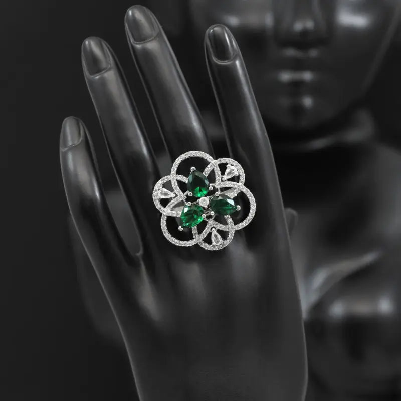 Handcrafted Green Ethnic Ring with Precious and Semi-Precious Stones-Ring