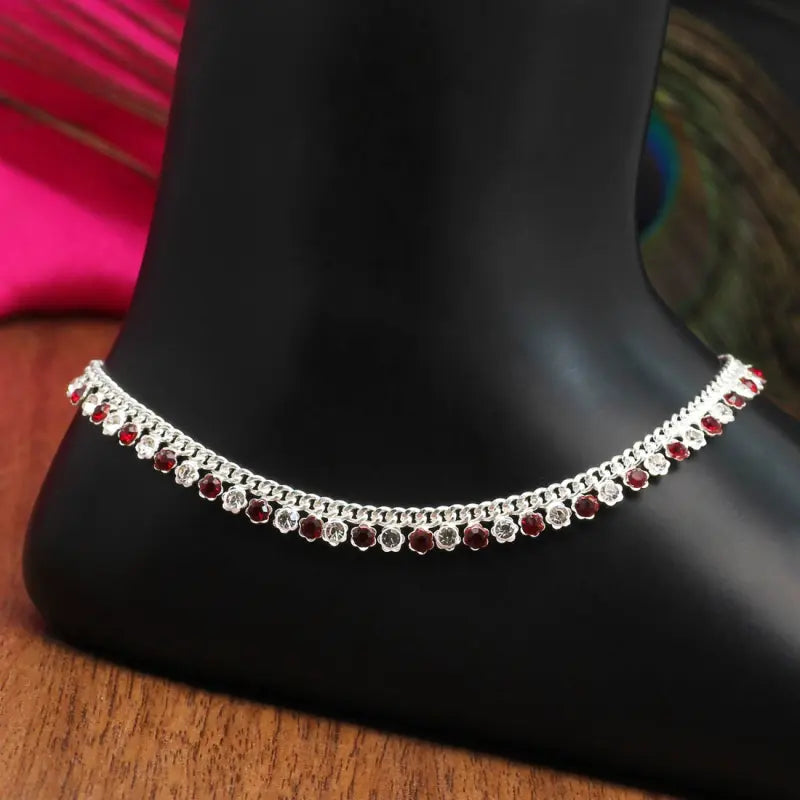 Handcrafted Maroon Anklet with Precious Stones and Rhinestone Embellishments-Anklet