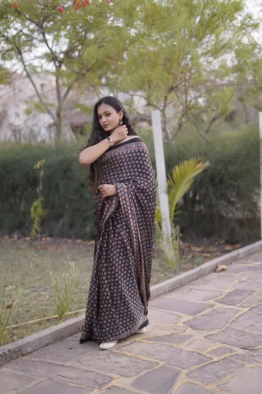 Ajrakh Block Print on Black Modal Silk Saree