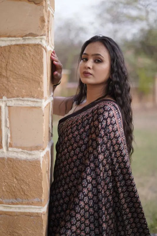 Ajrakh Block Print on Black Modal Silk Saree