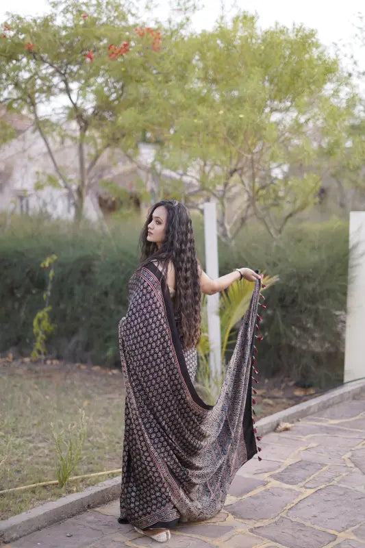 Ajrakh Block Print on Black Modal Silk Saree
