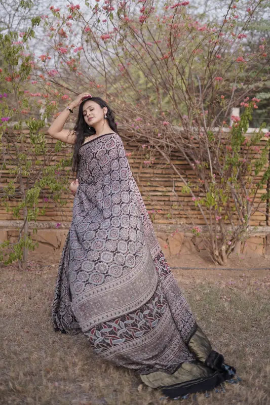 Modern Blue Modal Silk Saree with Tassels in Natural Silk in Handwoven Ajrakh Block Print Saree