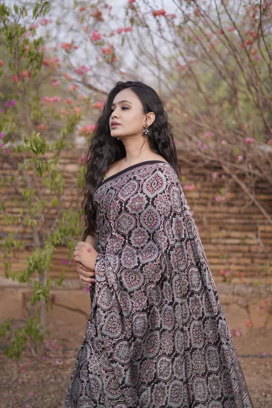 Modern Blue Modal Silk Saree with Tassels in Natural Silk in Handwoven Ajrakh Block Print Saree