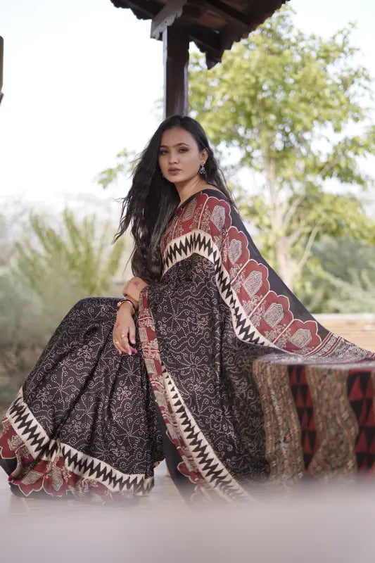 Handwoven Brown Ajrakh Block Print Saree