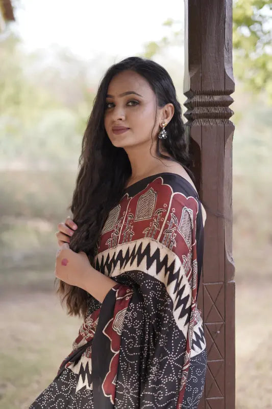 Handwoven Brown Ajrakh Block Print Saree