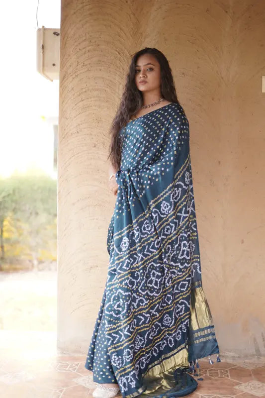 Teal Gaji Silk Bandhej Saree with Lagdi Pallu in Pure Silk
