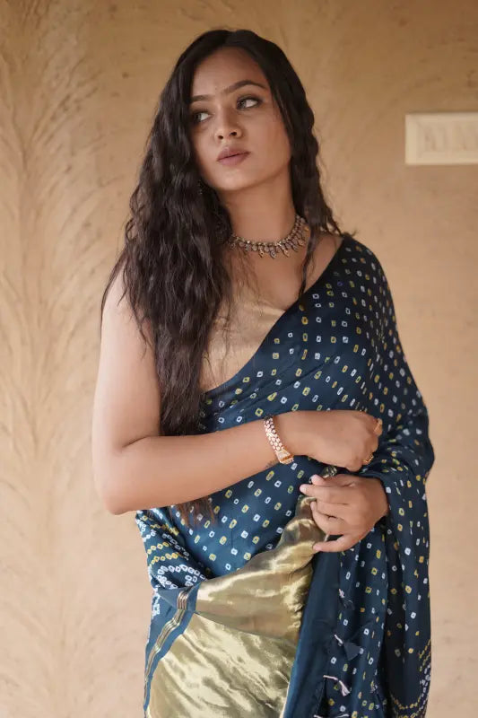 Teal Gaji Silk Bandhej Saree with Lagdi Pallu in Pure Silk