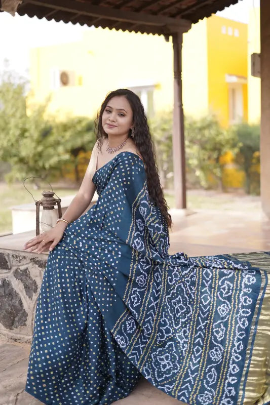Teal Gaji Silk Bandhej Saree with Lagdi Pallu in Pure Silk