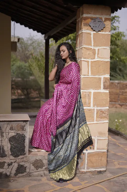 Pink Gaji Silk Saree with Ajrakh and Bandhani