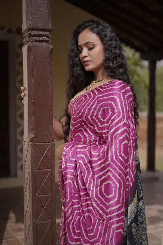 Pink Gaji Silk Saree with Ajrakh and Bandhani