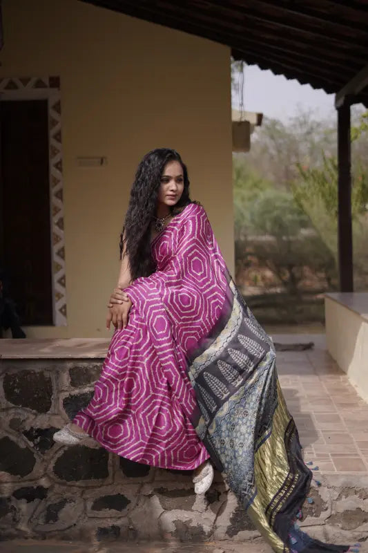 Pink Gaji Silk Saree with Ajrakh and Bandhani