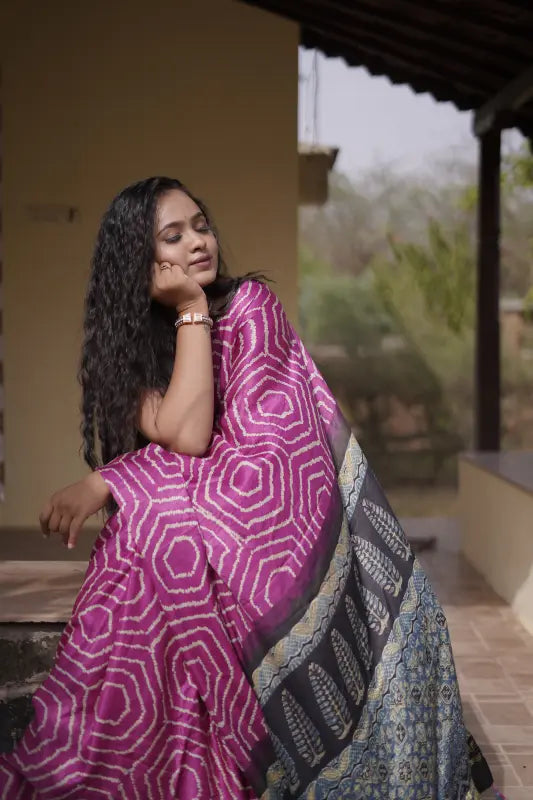 Pink Gaji Silk Saree with Ajrakh and Bandhani
