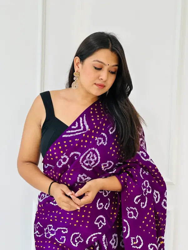 Purple Gaji Silk Bandhani Saree with Fancy Lagdi Pallu in Handwoven Pure Silk
