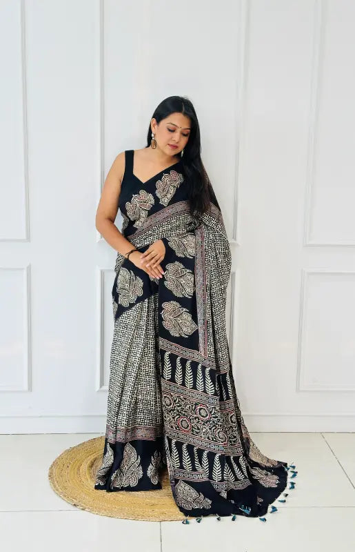 Black Modal Silk Ajrakh Saree with Tassels in Handwoven Kutchi Ajrakh Block Printing in Natural Silk