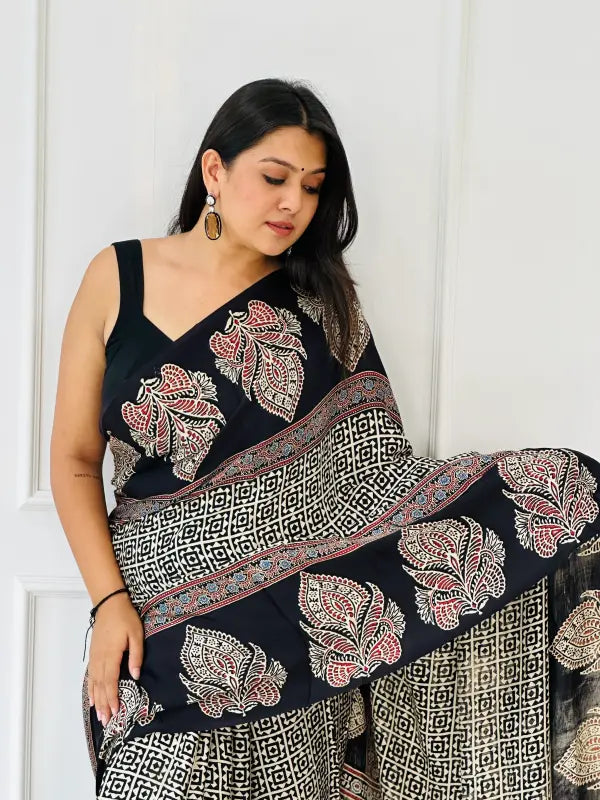 Black Modal Silk Ajrakh Saree with Tassels in Handwoven Kutchi Ajrakh Block Printing in Natural Silk