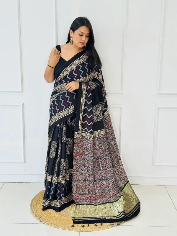 Cream Modal Silk Kalamkari Bagdu Dabu Saree in Handwoven Dabu Block Printing in Natural Silk