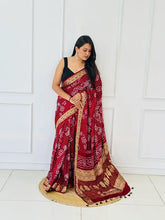 Modern Red Gaji Silk Nakshi Bandhani Saree in Handwoven Bandhani in Pure Silk
