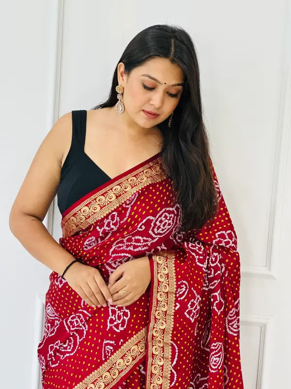 Modern Red Gaji Silk Nakshi Bandhani Saree in Handwoven Bandhani in Pure Silk
