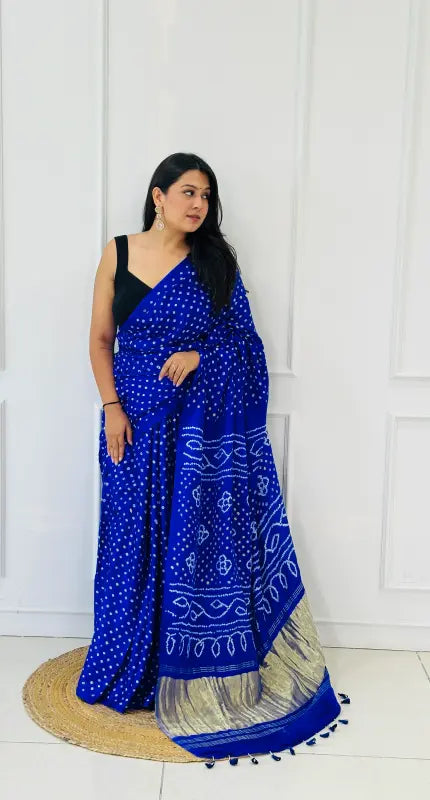 Indigo Gaji Silk Bandhej Saree with Lagdi Pallu in Handwoven Bandhani in Pure Silk