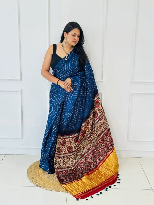 Blue Gaji Silk Hand Block Ajrakh Bandhani Saree in Handwoven Bandhani & Ajrakh in Pure Silk