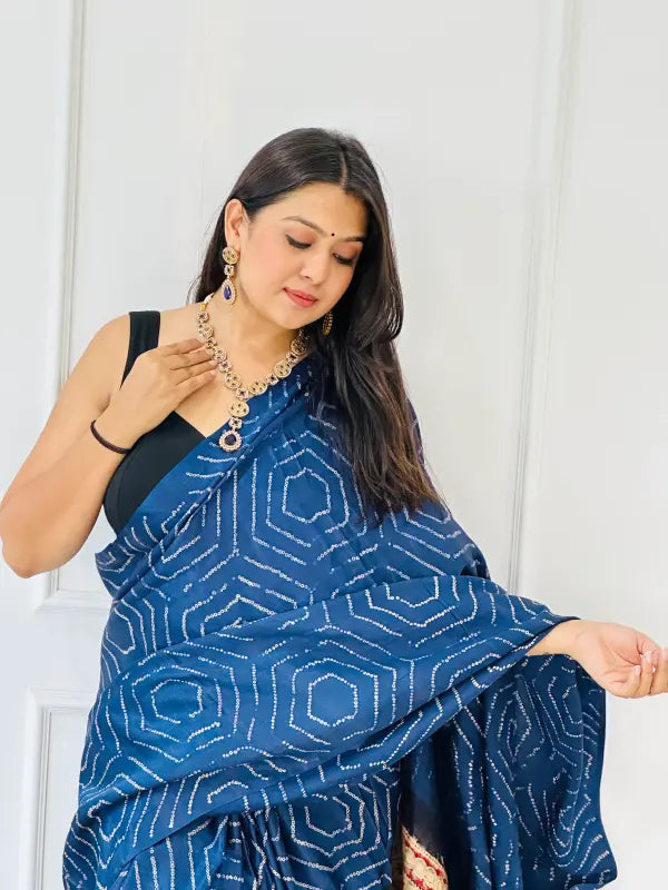 Blue Gaji Silk Hand Block Ajrakh Bandhani Saree in Handwoven Bandhani & Ajrakh in Pure Silk