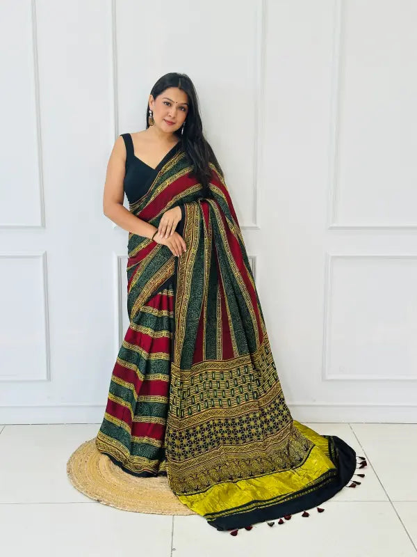 Modern Multi Modal Silk Ajrakh Saree with Tassels in Handwoven Ajrakh Block Printing in Natural Silk