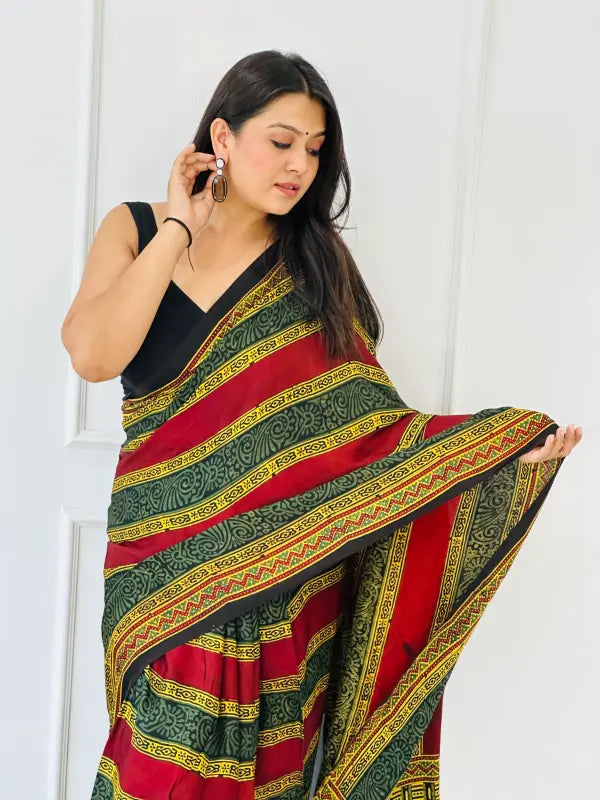 Modern Multi Modal Silk Ajrakh Saree with Tassels in Handwoven Ajrakh Block Printing in Natural Silk