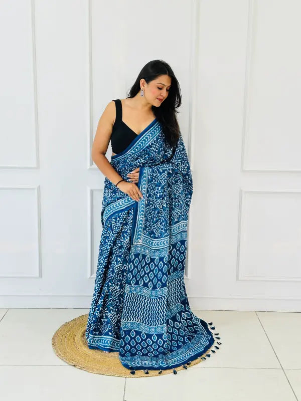 Indigo Modal Silk Dabu Saree in Handwoven Dabu Block Printing in Natural Silk