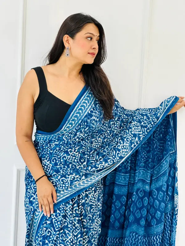 Indigo Modal Silk Dabu Saree in Handwoven Dabu Block Printing in Natural Silk