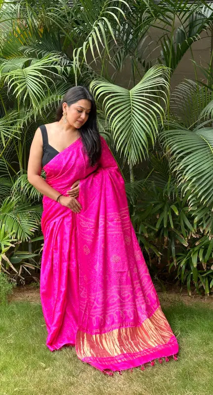 Gaji Silk Bandhani Saree in Pure Silk Handwoven Bandhani in Magenta