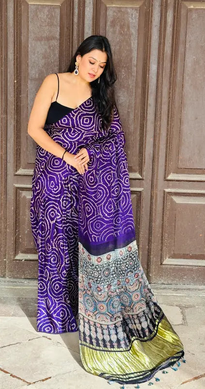 Blue Gaji Silk Bandhani Ajrakh Saree in Pure Silk Handwoven with Bandhani & Ajrakh Prints