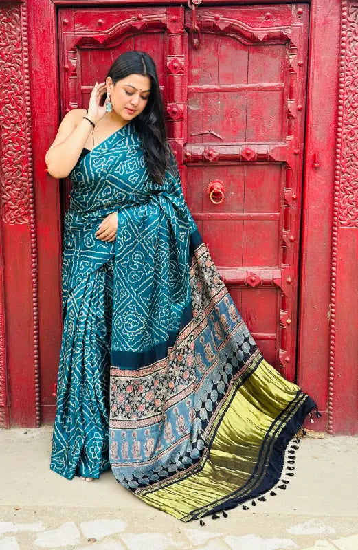 Green Gaji Silk Bandhani Ajrakh Saree in Pure Silk Handwoven with Bandhani & Ajrakh Prints