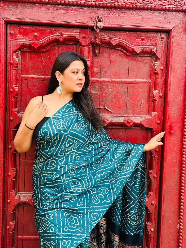 Green Gaji Silk Bandhani Ajrakh Saree in Pure Silk Handwoven with Bandhani & Ajrakh Prints