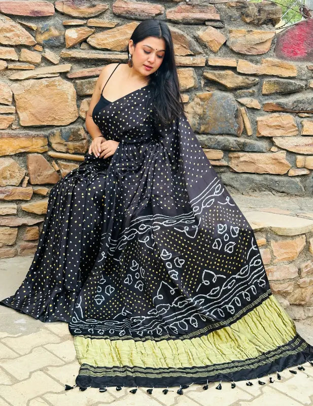 Black Gaji Silk Bandhani Saree in Pure Silk Handwoven with Bandhani Prints