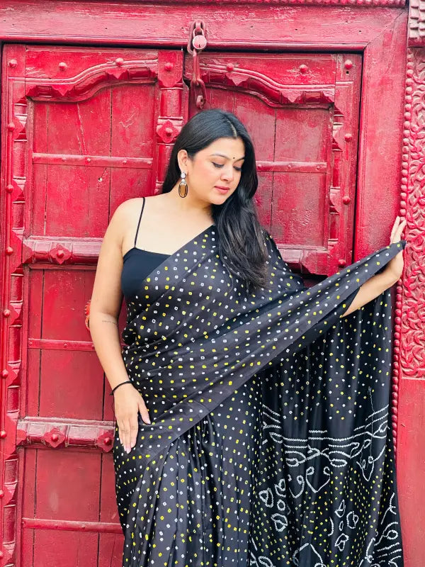 Black Gaji Silk Bandhani Saree in Pure Silk Handwoven with Bandhani Prints