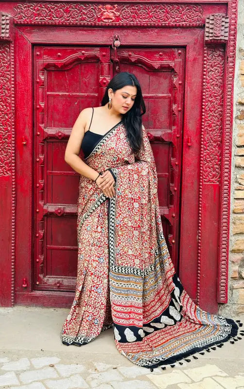 Modal Silk Dabu Saree in Pure Silk Handwoven with Dabu Block Printing