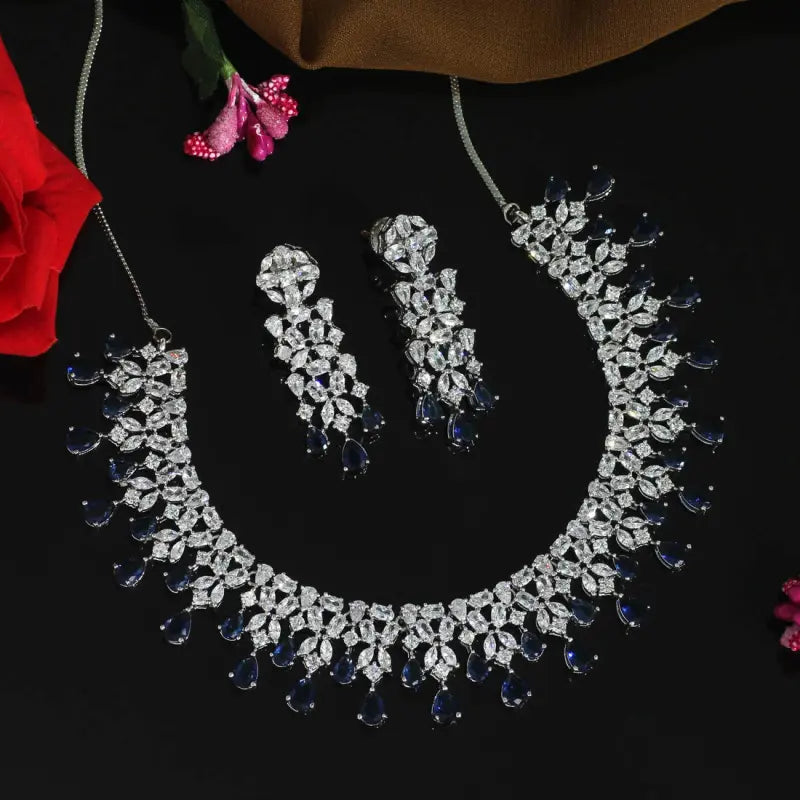 Handcrafted Ethnic Silver Plated Necklace Set with Glass Stone-Necklace Set
