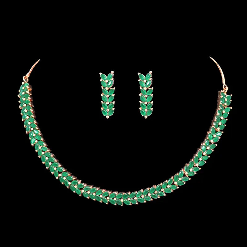 Handcrafted Ethnic Silver Plated Necklace Set with Green Glass Stone-Necklace Set