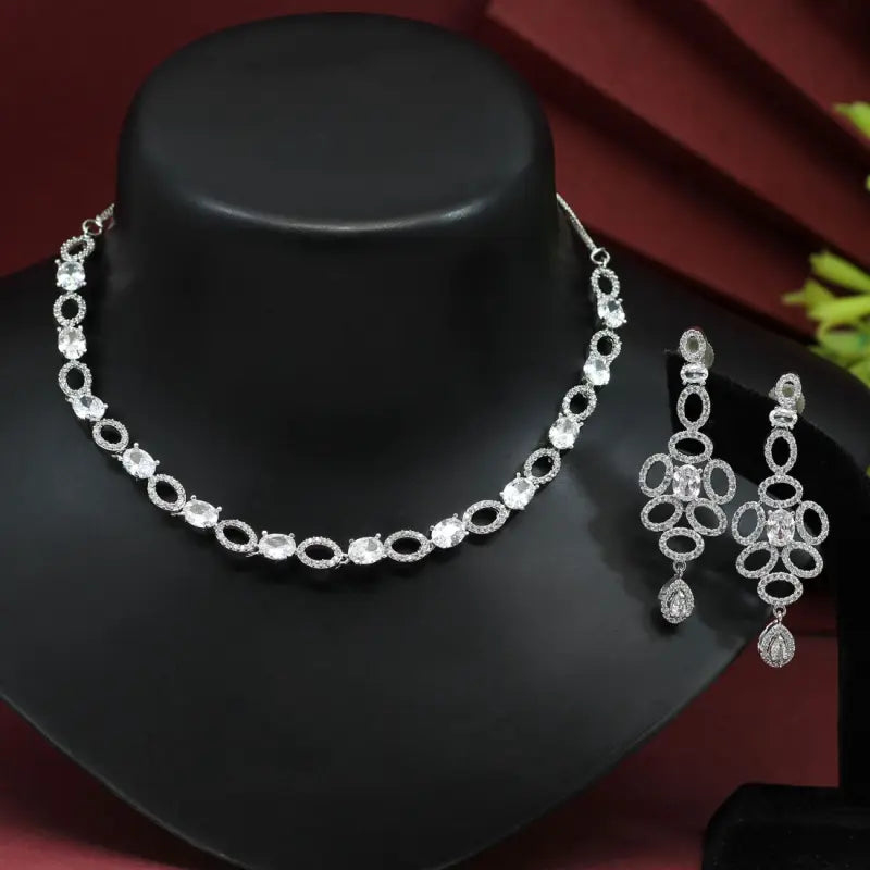 Handcrafted Ethnic Silver Plated Necklace Set with Silver Glass Stone-Necklace Set