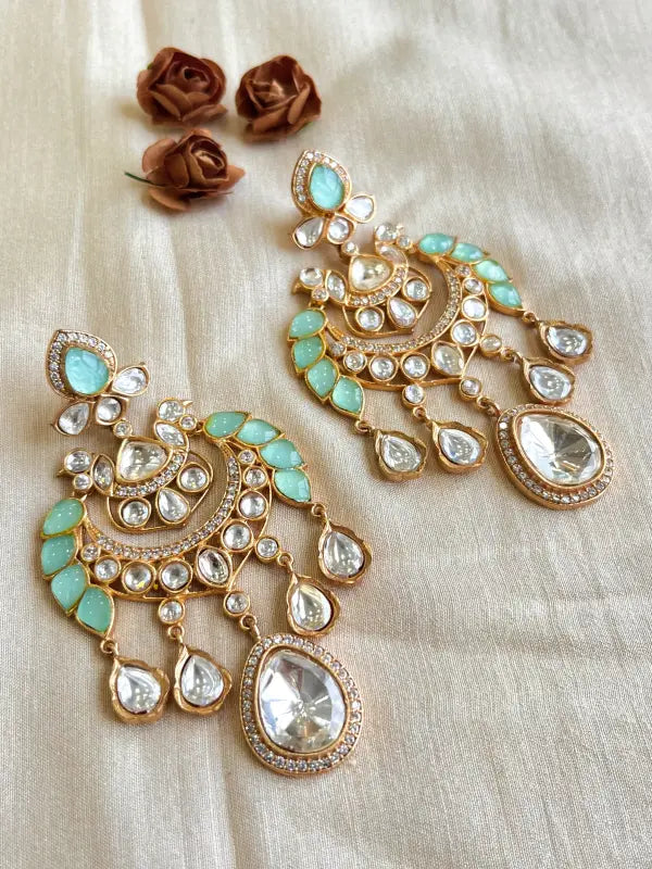 Exquisite Handcrafted Kundan Jewelry in Mint with Semi-Precious Stones-Chandbali Earrings