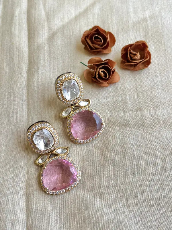Shiny Polki Necklace with Semi-Precious Stones and Cubic Zirconia-Drop, Stud Earrings