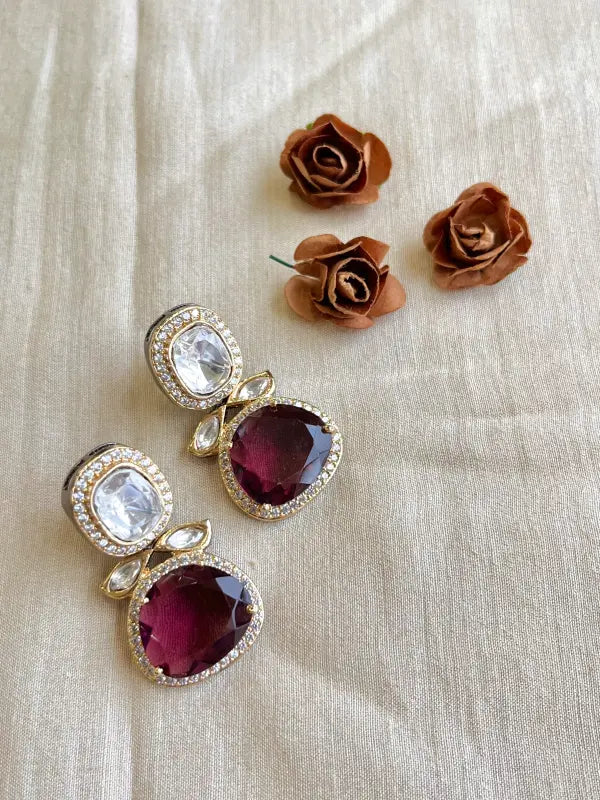 Shiny Polki Necklace with Semi-Precious Stones and Cubic Zirconia-Drop, Stud Earrings