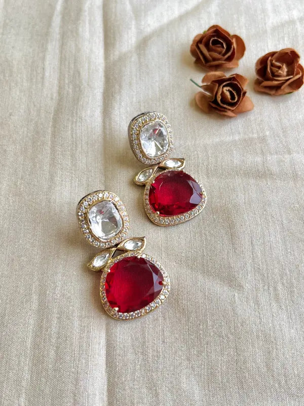 Shiny Polki Necklace with Semi-Precious Stones and Cubic Zirconia-Drop, Stud Earrings
