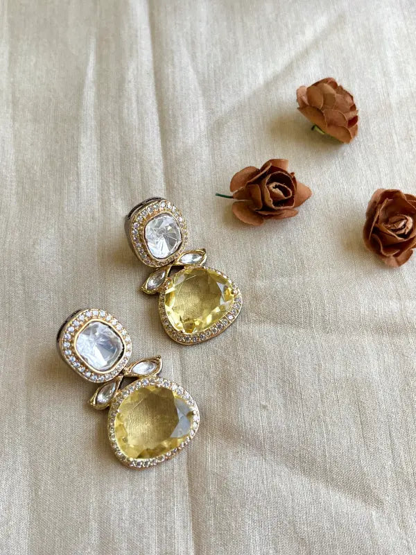 Shiny Polki Necklace with Semi-Precious Stones and Cubic Zirconia-Drop, Stud Earrings